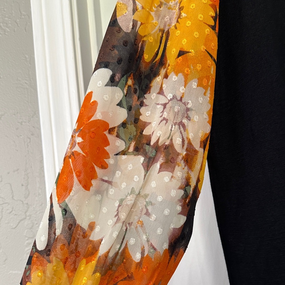 LuLaRoe Penny Black Top with Orange and Yellow Floral Puff Sleeves - Picture 2 of 2